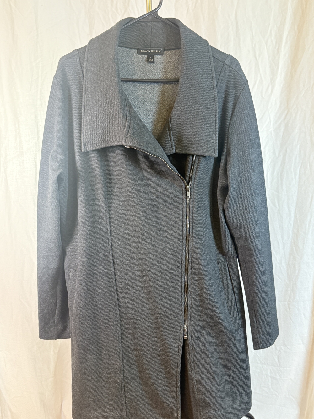 Banana Republic Women's Heavy Knit Charcoal Asymmetrical Zip Trench Coat sz Lrg